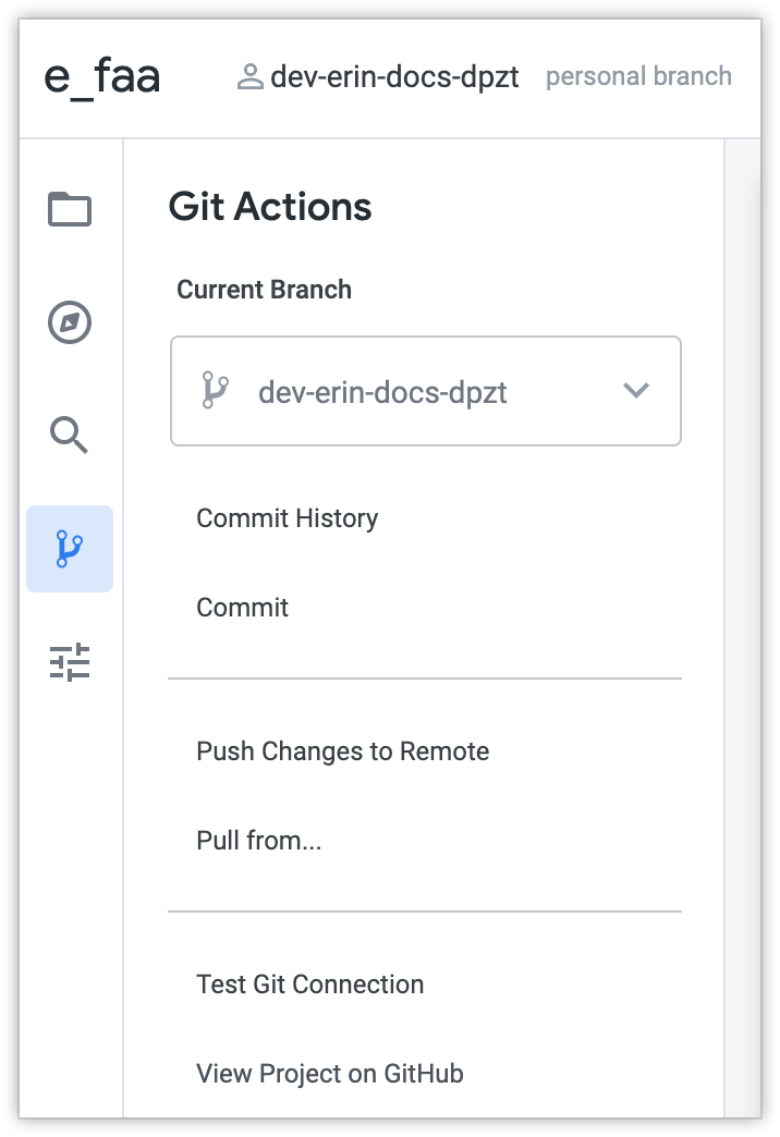 Looker IDE の [Git Actions] パネル