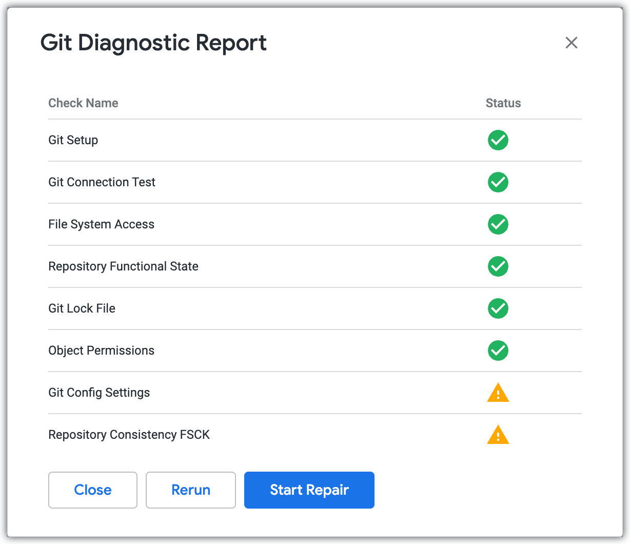 Laporan diagnostik Git yang menampilkan pengujian yang dijalankan dan hasil pengujian.