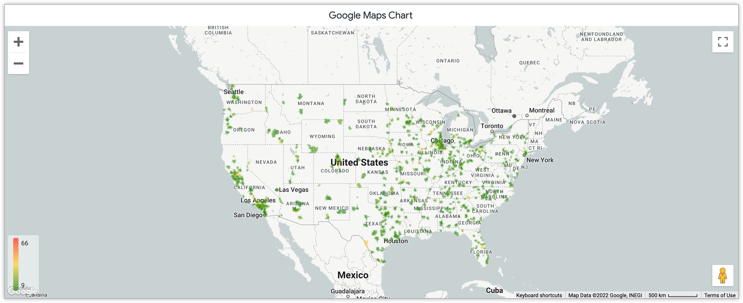 Google Maps-Heatmap-Diagramm, das die Anzahl der pro Monat in Postleitzahlen in den USA verkauften Produkte zeigt
