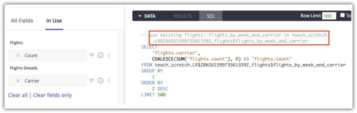 Der Tab „SQL“ eines Explores, auf dem der zugrunde liegende SQL-Code und ein Kommentar mit dem Scratch-Schema der verwendeten aggregierten Tabelle angezeigt werden.