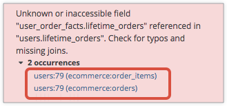 Message d&#39;erreur développé affichant les vues, les lignes de code de vue et les explorations de deux causes : users:79 (ecommerce:order_items) et users:79 (ecommerce:orders).