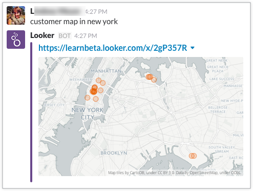 Risposta di Slackbot a una visualizzazione dei dati che mostra una mappa di New York con punti di dimensioni diverse che rappresentano il numero di utenti in una determinata area.