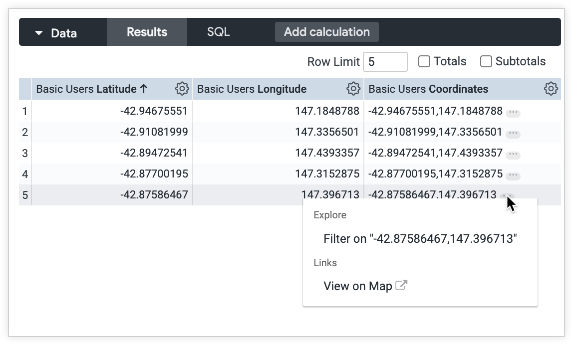 Looker-Explore mit den Feldern „Breitengrad“ und „Längengrad“ sowie dem neuen Feld „Koordinaten“ mit Werten, die mit den Breitengrad- und Längengradwerten übereinstimmen.