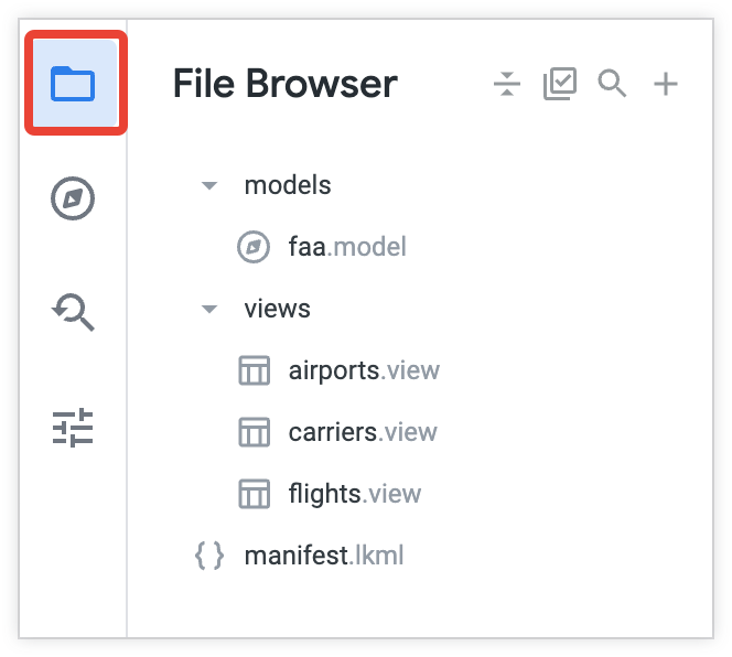 IDE Looker avec l'explorateur de fichiers affichant des dossiers dans un exemple de projet.