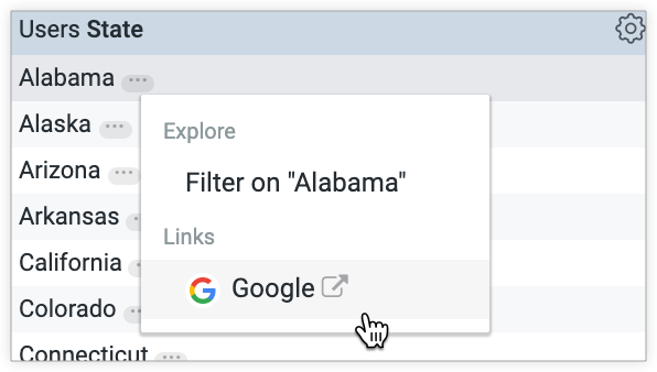 As opções do menu detalhado para o valor do Alabama incluem Filtrar por "Alabama" na secção Explorar e um link para abrir um resultado da Pesquisa Google para "Alabama" num novo separador do navegador na secção Links.