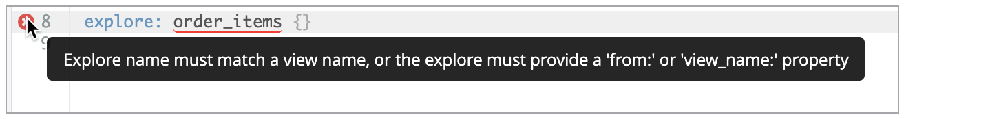 Exemplo de um aviso com texto informando que a Análise precisa corresponder a um nome de visualização ou ter uma propriedade "from" ou "view_name".