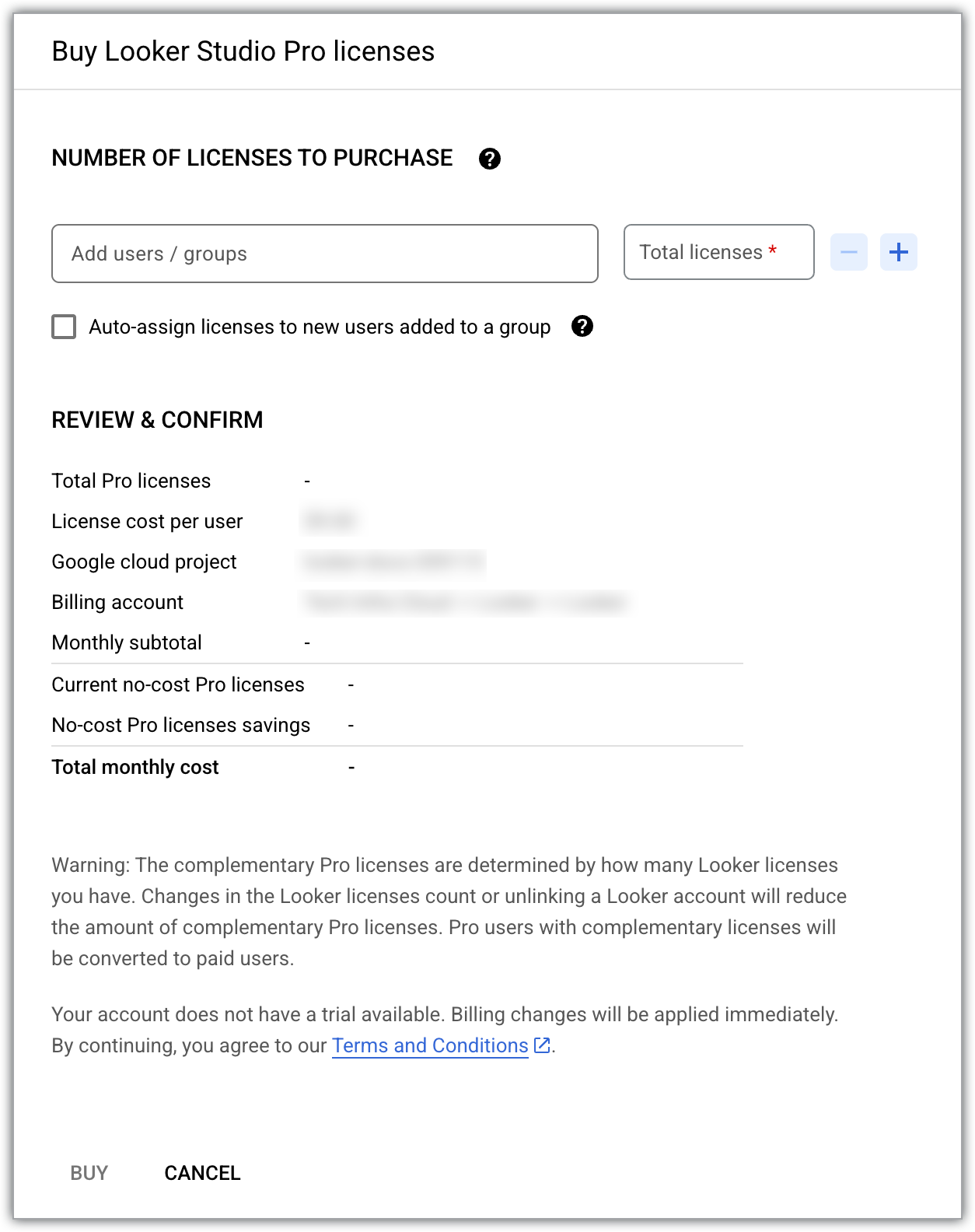 El panel Comprar licencias de Looker Studio Pro.