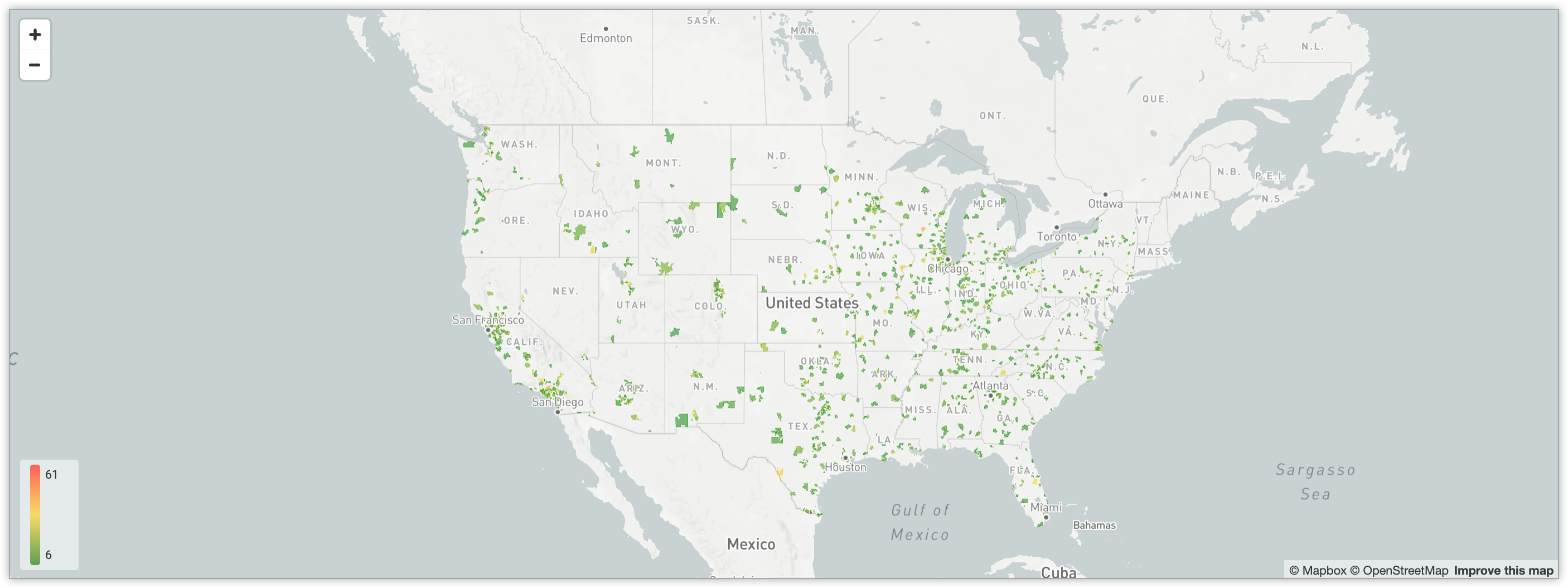 Mapa interativo que mostra a quantidade de utilizadores em códigos postais nos Estados Unidos através de um sistema de codificação por cores de gradiente.