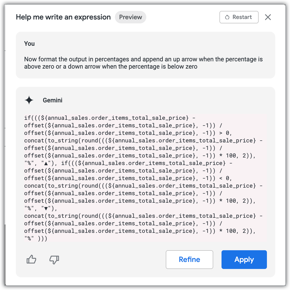 Gemini returns a new expression that adds formatting.