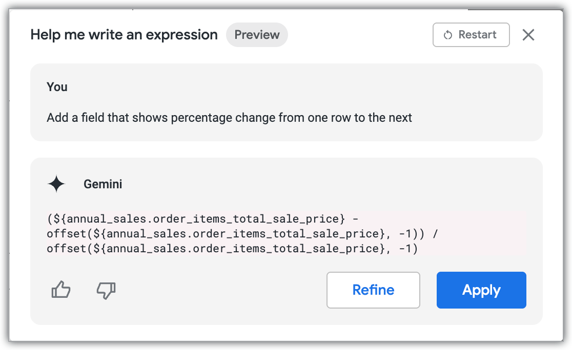 Gemini returns a suggested expression to show percentage change from one row to the next.