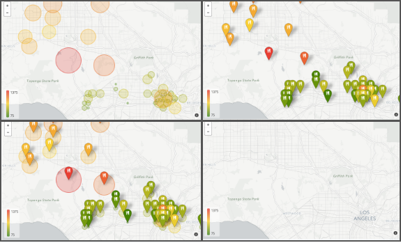 Exemples de captures d'écran des options de type de point "Cercle", "Icône", "Aucun" et "Les deux".