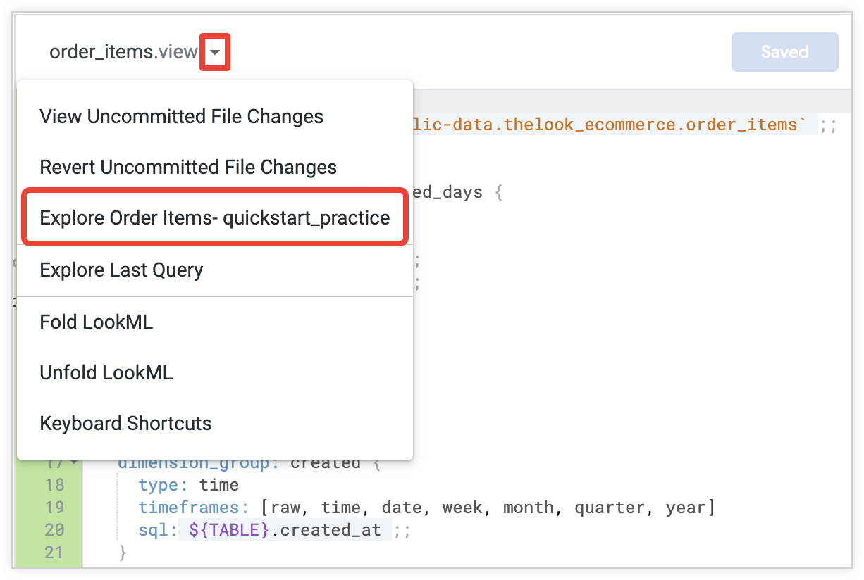 주문 항목 살펴보기 - quickstart_practice 옵션이 선택된 파일 작업 보기 메뉴