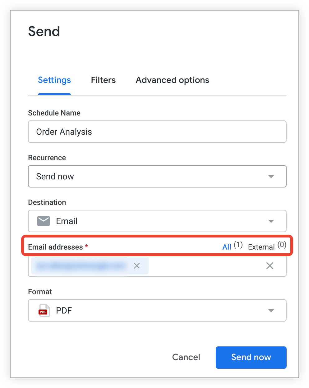 Ein Beispiel für einen Zeitplan mit der Anzahl externer E-Mail-Adressen für Empfänger, die keine Looker-Nutzer sind.