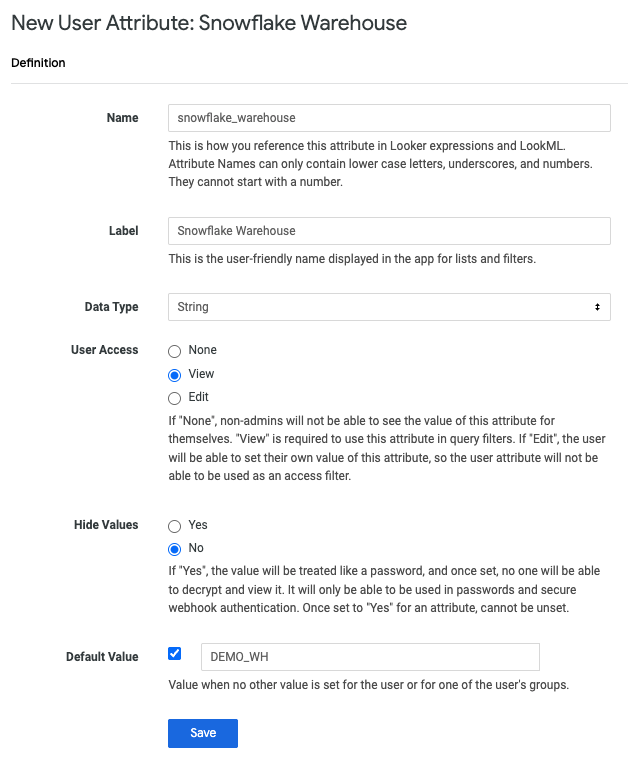 The User Attributes page in Looker, showing the Snowflake warehouse user attribute.