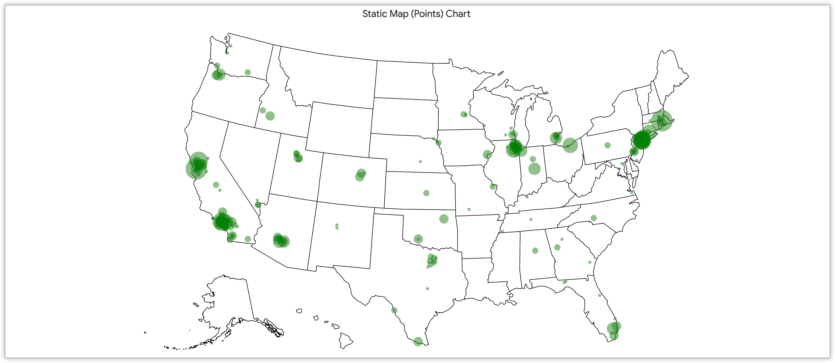 תרשים מפה סטטי עם נקודות בגודל שמשתנה בהתאם למספר הלקוחות במיקודים ברחבי ארצות הברית.