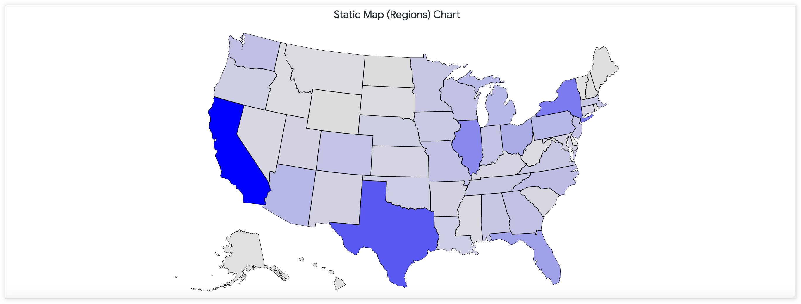 Peta statis yang menunjukkan jumlah lokasi toko di Amerika Serikat melalui palet warna berkelanjutan.