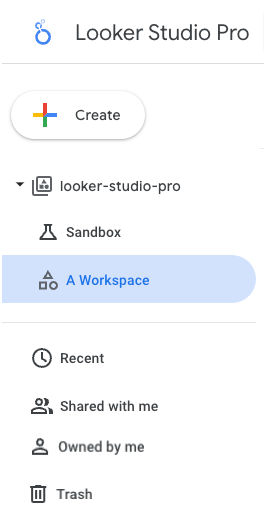 La barra di navigazione sinistra di Looker Studio che mostra un progetto Pro denominato looker-studio-pro, un workspace di gruppo evidenziato denominato Un workspace e la voce Sandbox. È disponibile anche l&#39;opzione Di mia proprietà.