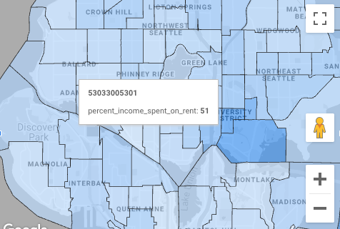 Uma sugestão no gráfico de rendas do estado de Washington do Google Maps com uma dimensão de sugestão geo_id apresenta os detalhes do ponto de dados 53033005301 percent_income_spent_on_rent: 51.