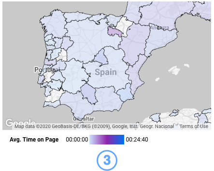 Un mapa coroplético de España y Portugal con una leyenda de color muestra un gradiente de morado a azul según los valores de la métrica Tiempo promedio en la página, que varían de 00:00:00 a 00:24:40.
