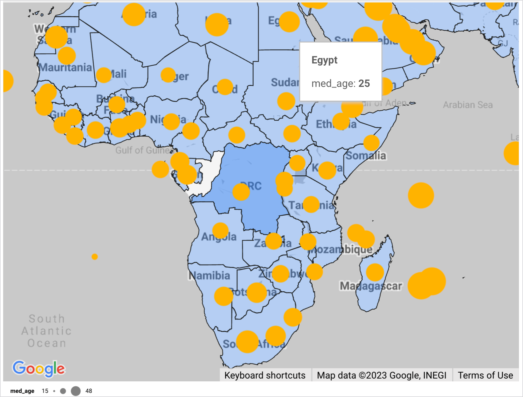 Un mapa completo de los países africanos con burbujas que indican la edad mediana de la población. El cursor del mouse se encuentra sobre Egipto, y se muestra una información sobre herramientas con la capa de mapa completada y los campos de capa de mapa adicionales.