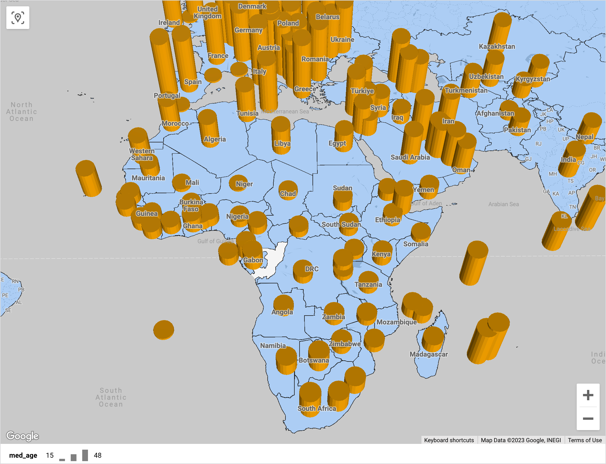 Um mapa preenchido de países africanos com cilindros que indicam a idade média da população. A perspetiva do mapa está inclinada de forma que a altura da bolha indica a escala relativa das idades.
