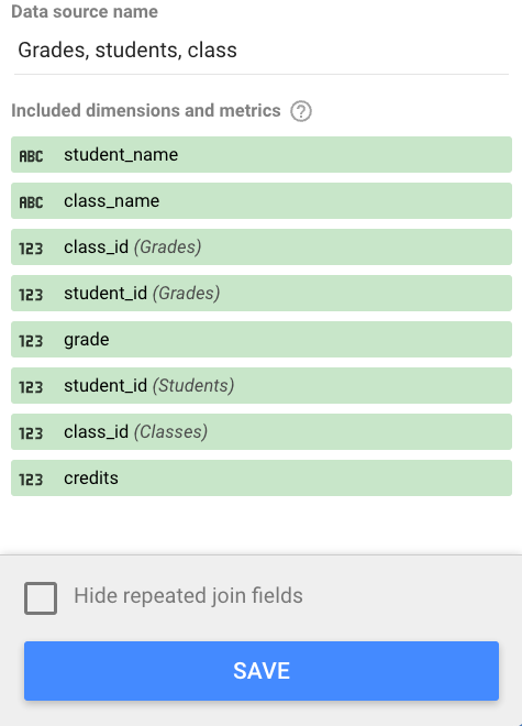 Combinaison des tables "Grades", "Students" et "Classes", incluant plusieurs champs student_id et class_id.