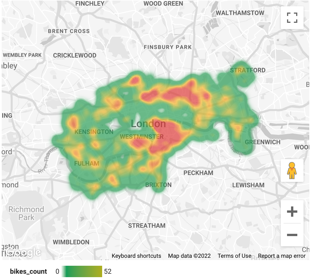 Um mapa térmico apresenta dados de partilha de bicicletas de Londres.