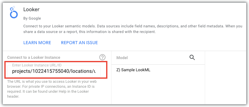 Champ "URL ou ID de l'instance du connecteur Looker".