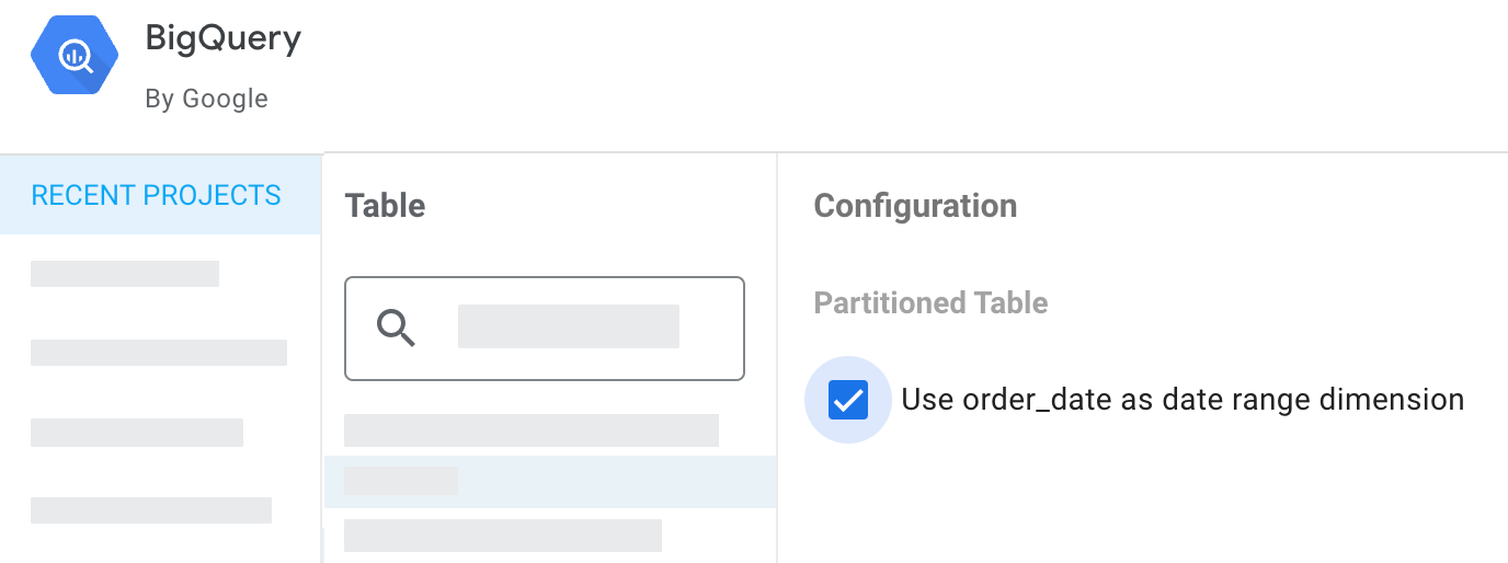Configuração da fonte de dados do Looker Studio para uma tabela particionada do BigQuery. O campo de partição "order_date" tem uma caixa de seleção para "Usar order_date como dimensão do período".