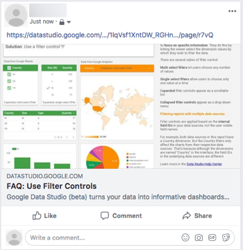 Uma postagem do Facebook mostra um link para um relatório do Looker Studio chamado "Perguntas frequentes: use controles de filtro" com uma imagem em miniatura dos gráficos e texto no relatório.