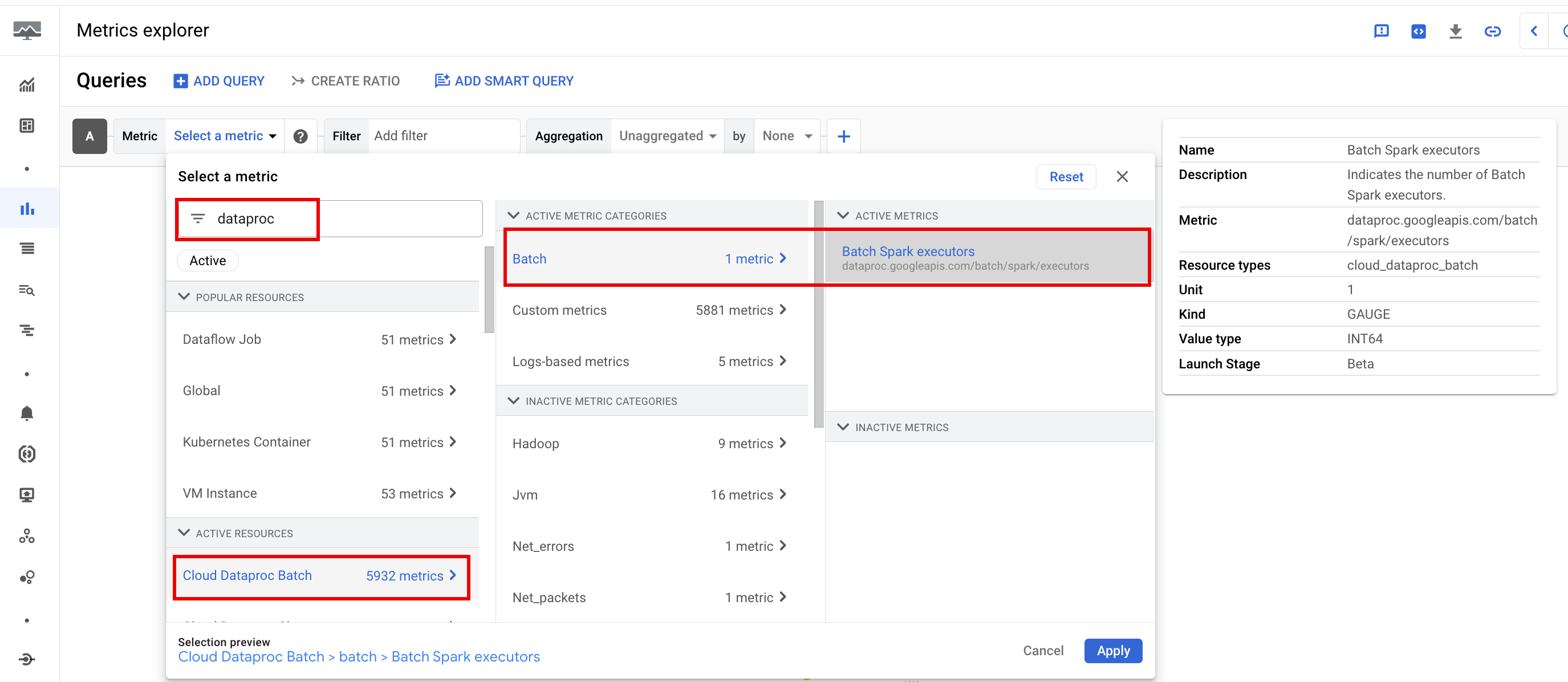 Metrics Explorer でのバッチ指標の例。
