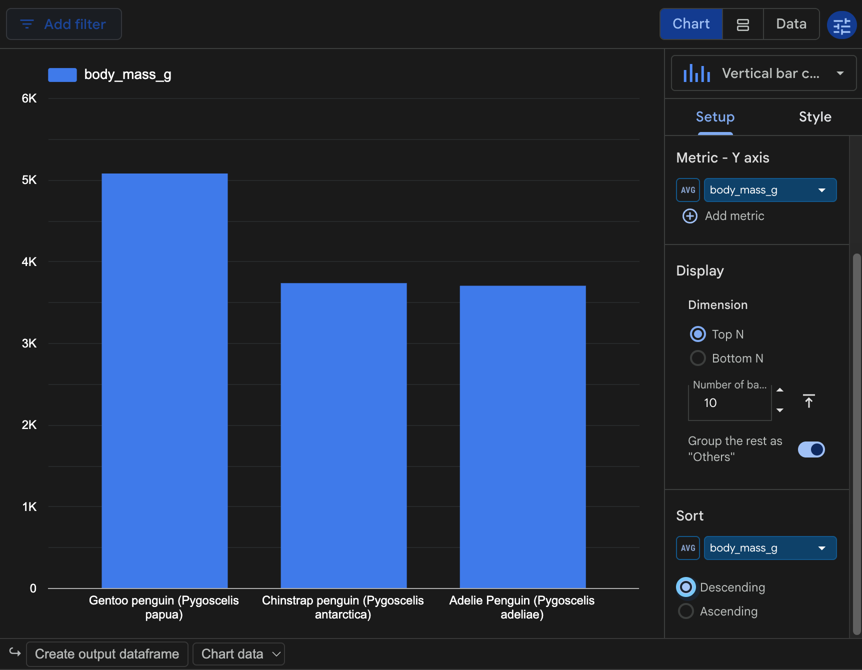 Vertical bar chart and configuration panel in the visualization widget
displaying average body mass by penguin species sorted in descending
order.