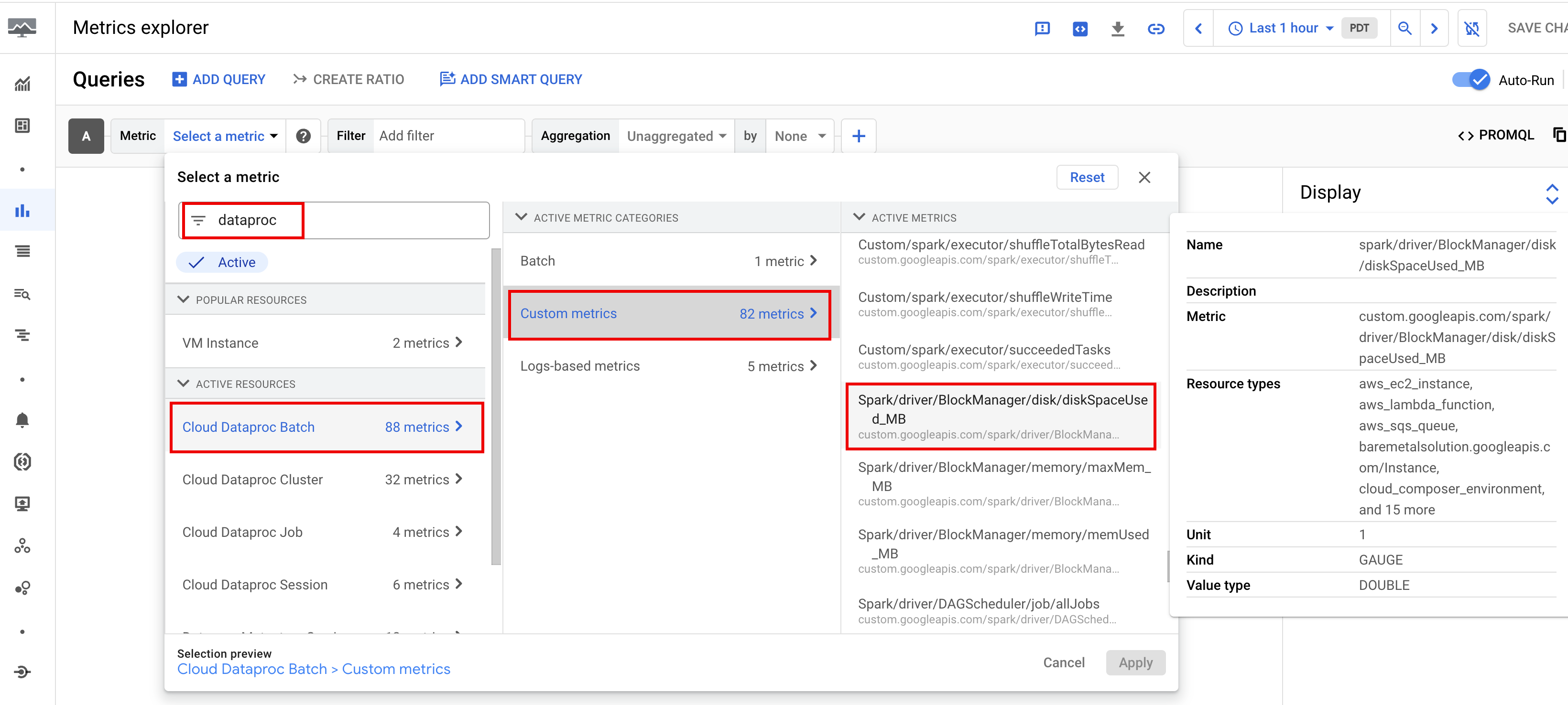 Esempio di metrica spark in Metrics Explorer.