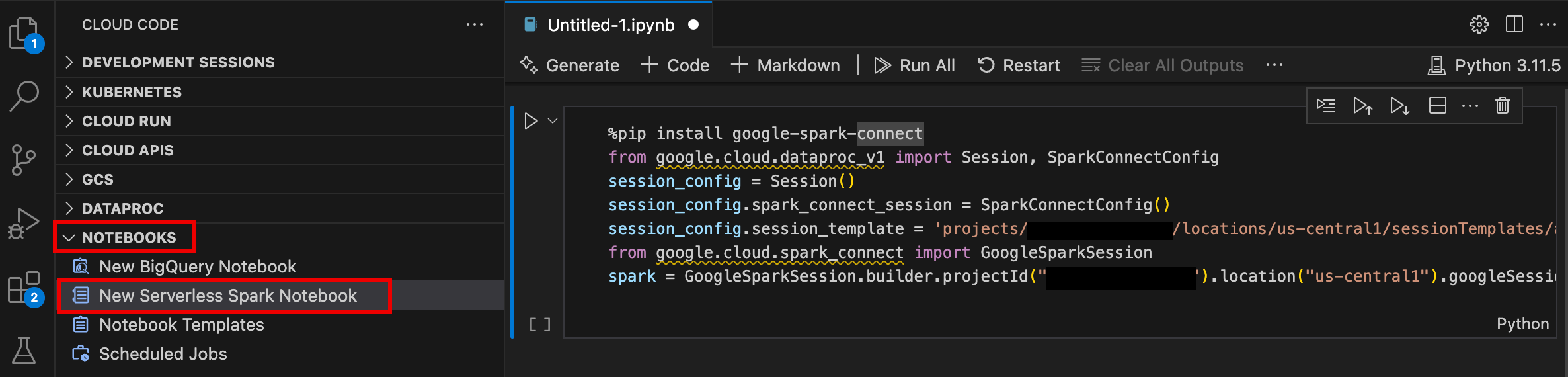 Nuovo notebook Serverless Spark nella console VS Code.