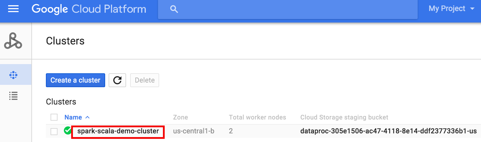 Cloud 控制台中的 Dataproc“集群”页面。