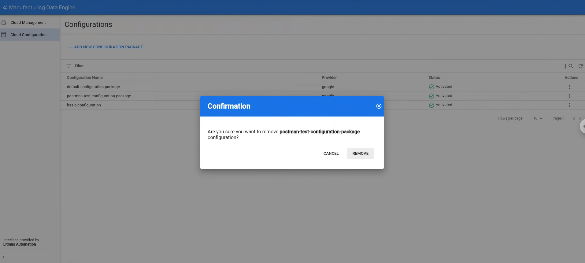Confirmación de la eliminación del paquete de configuración