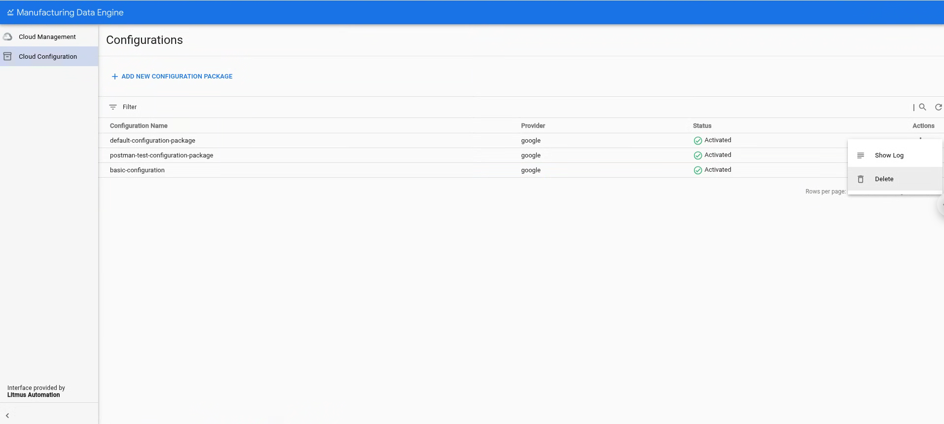 Supprimer un package de configuration