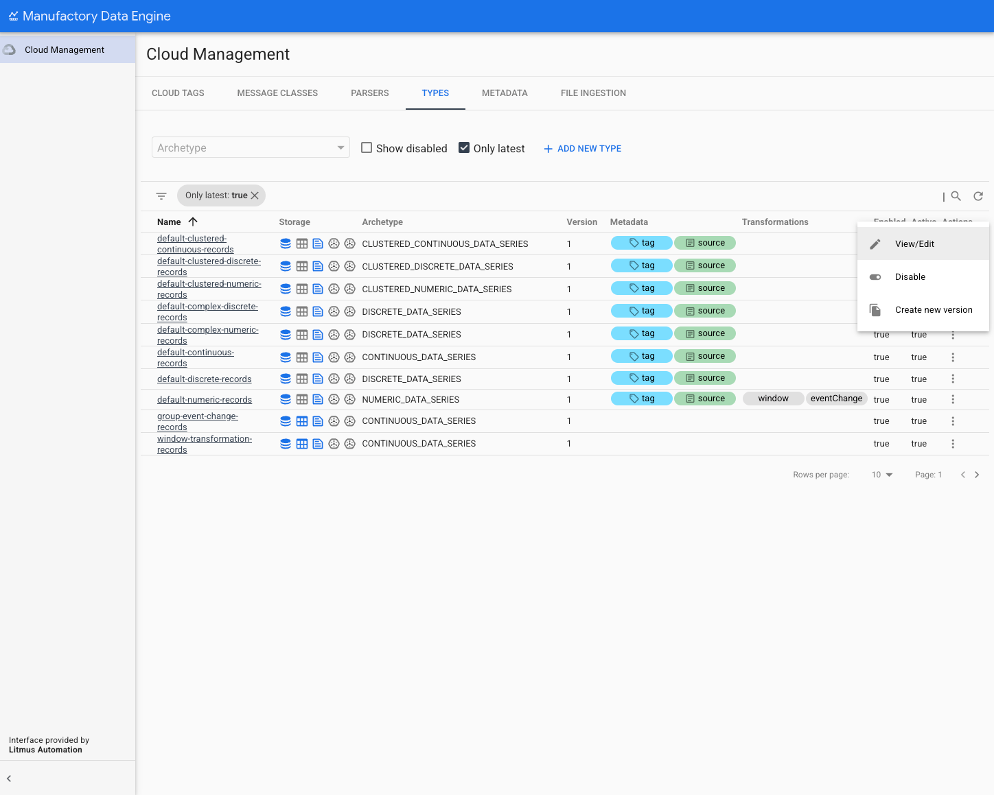 Abschnitt „Typen“ – Liste der Typen
