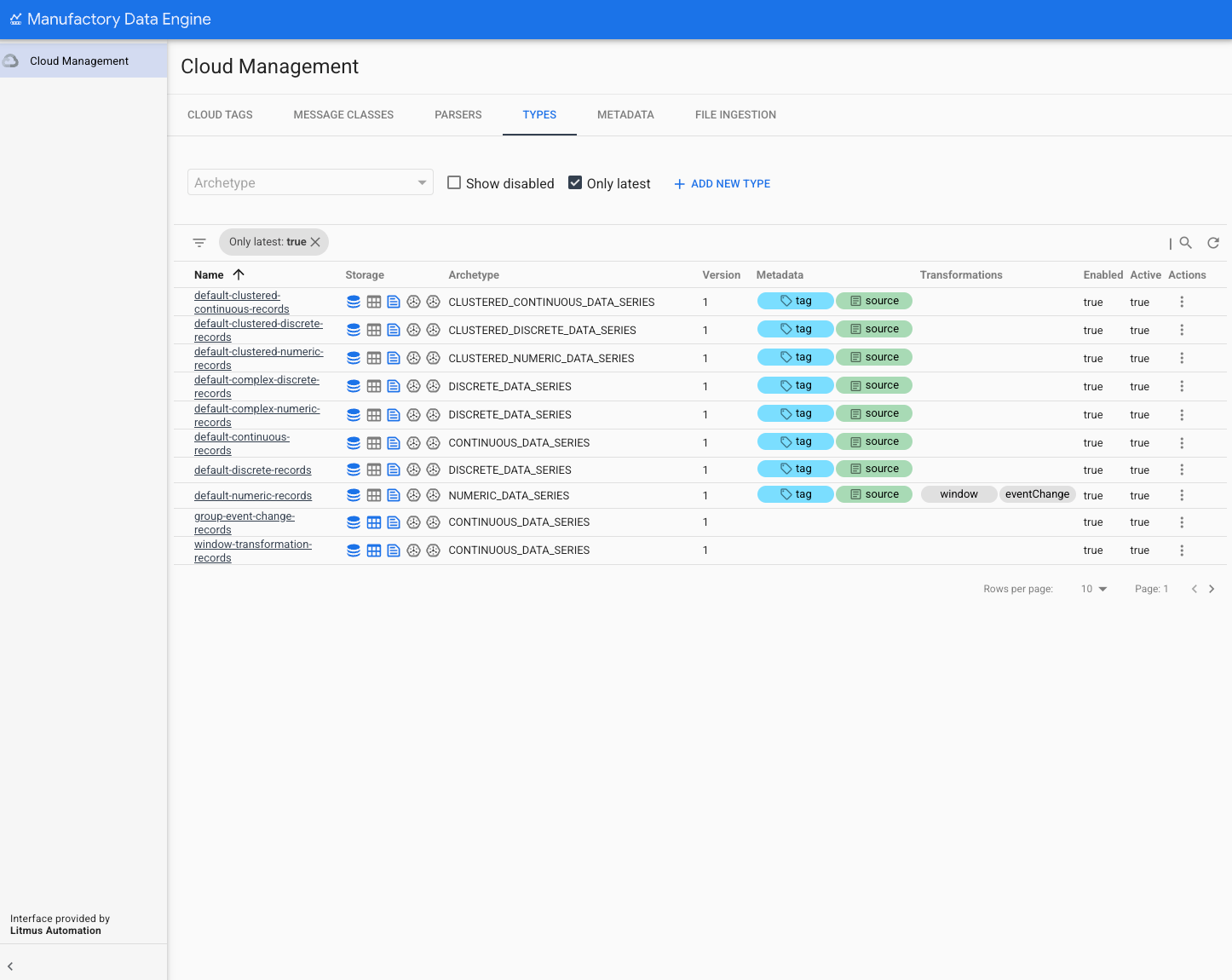 Types セクション - 型のリスト