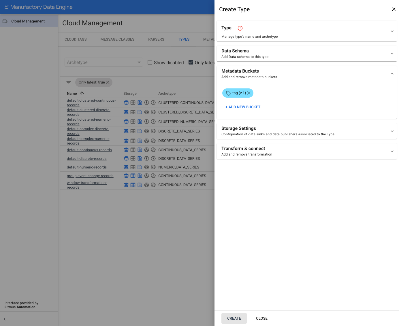 Sezione Tipi: elenco dei tipi