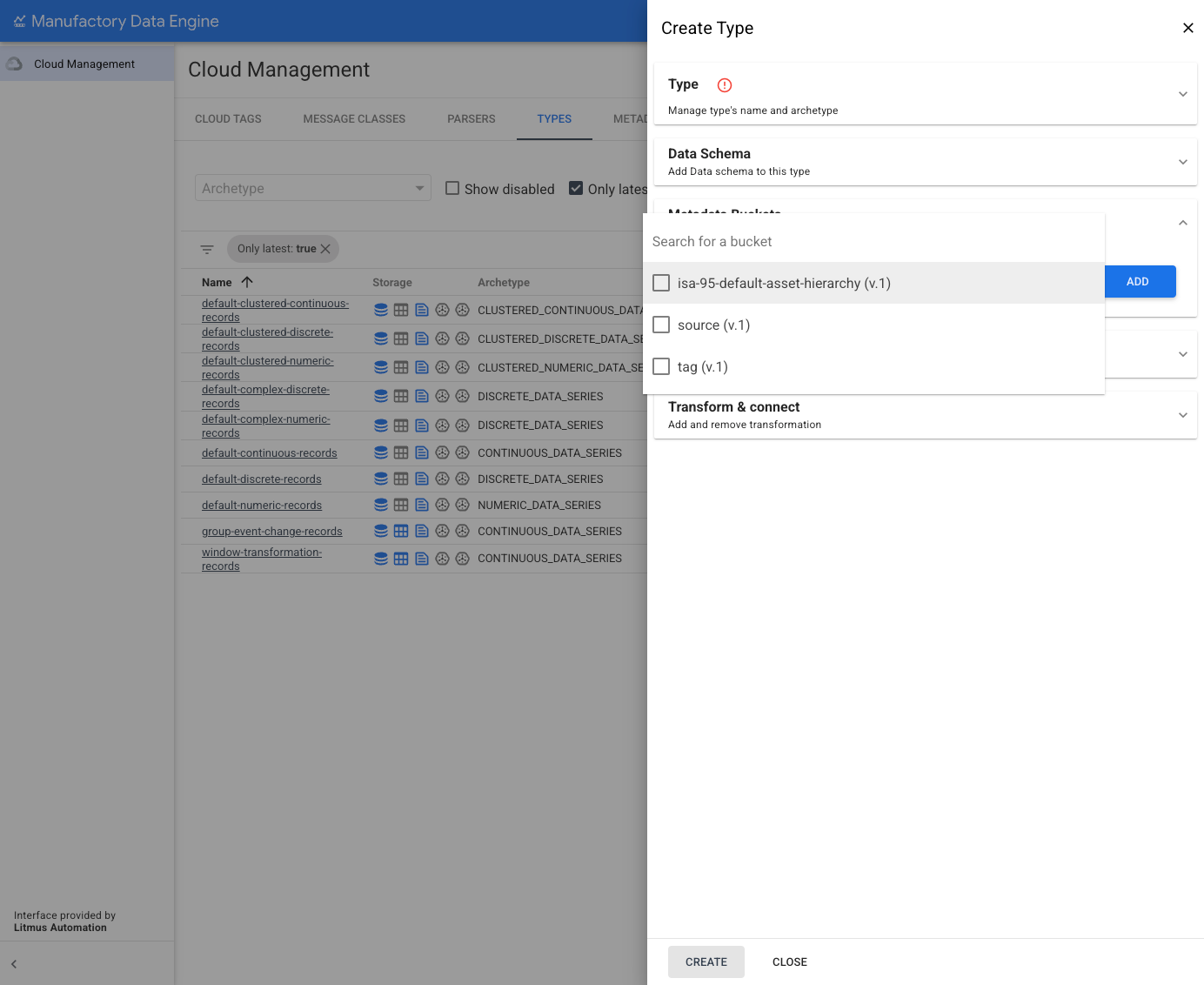 Sezione Tipi: elenco dei tipi