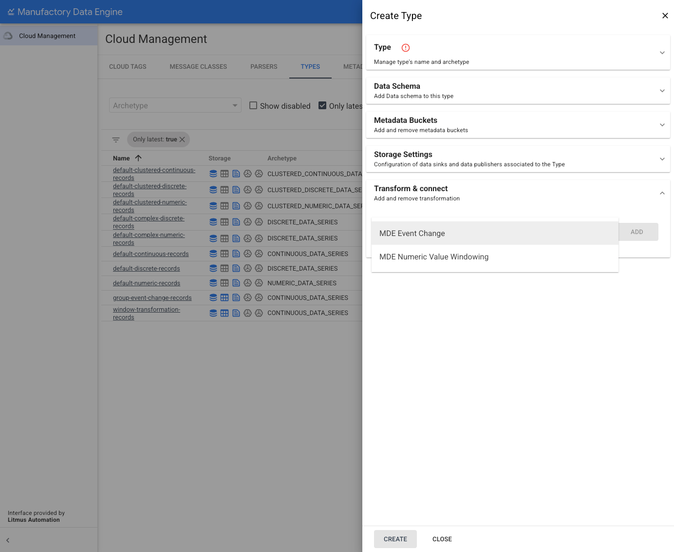 Sezione Tipi: elenco dei tipi
