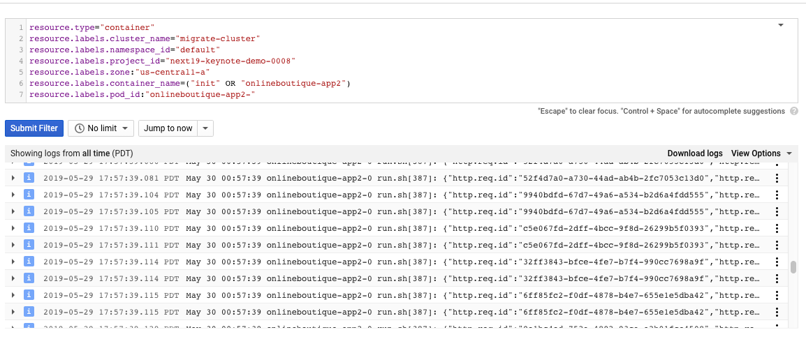Registos de contentores no Cloud Logging