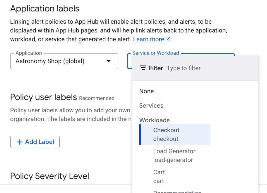 Auf der Seite „Benachrichtigungsrichtlinie“ wird gezeigt, wie eine Benachrichtigungsrichtlinie mit App Hub-Labels verknüpft wird.
