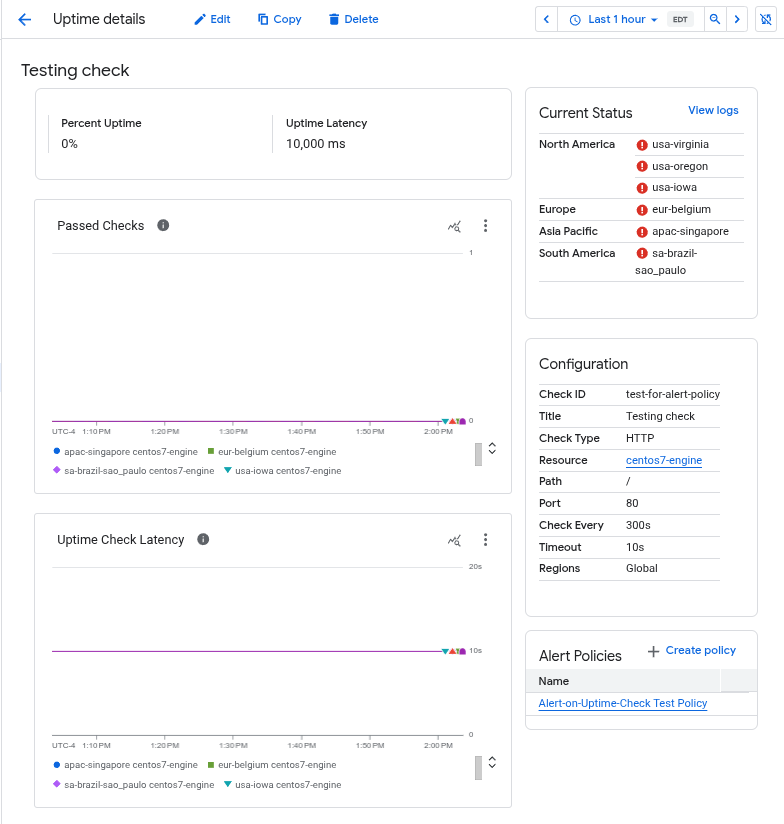Pagina dei dettagli di un controllo di uptime di esempio.