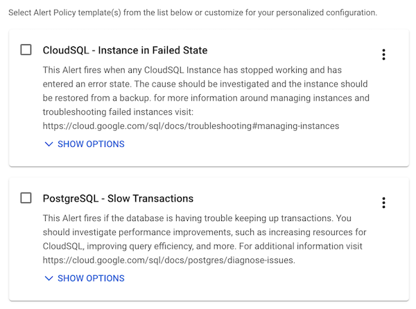 Cloud SQL 통합 패키지에 추천하는 두 가지 알림 정책 .