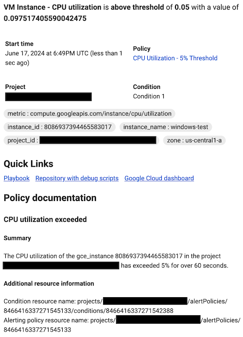 דוגמה לאופן שבו תיעוד מוצג בהתראה. הקישורים מוצגים בקטע 'קישורים מהירים'.