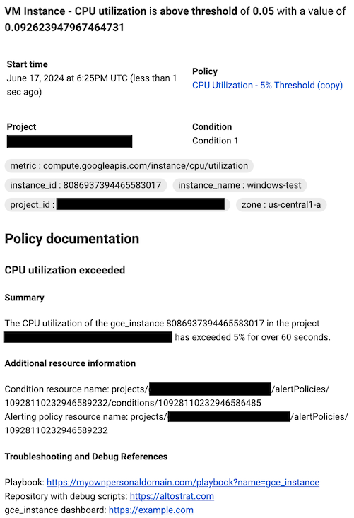 Exemplo de como a documentação é renderizada numa notificação. Os links são apresentados sob o cabeçalho "Referências de resolução de problemas e depuração".