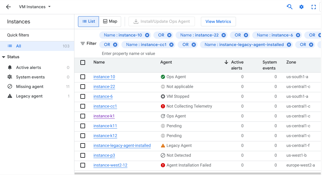 La dashboard Istanze VM in Monitoring mostra lo stato
degli
agenti.