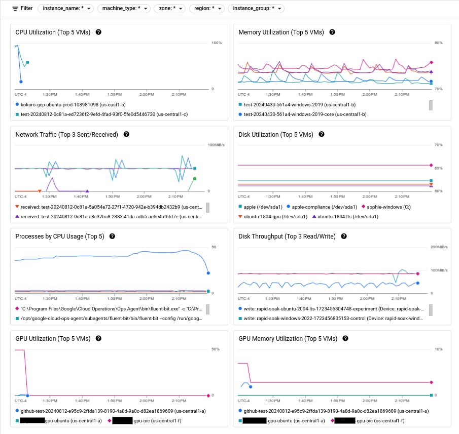 Auf der Seite **Beobachtbarkeit** in Compute Engine werden die fünf wichtigsten VMs angezeigt, die eine bestimmte Ressource nutzen.